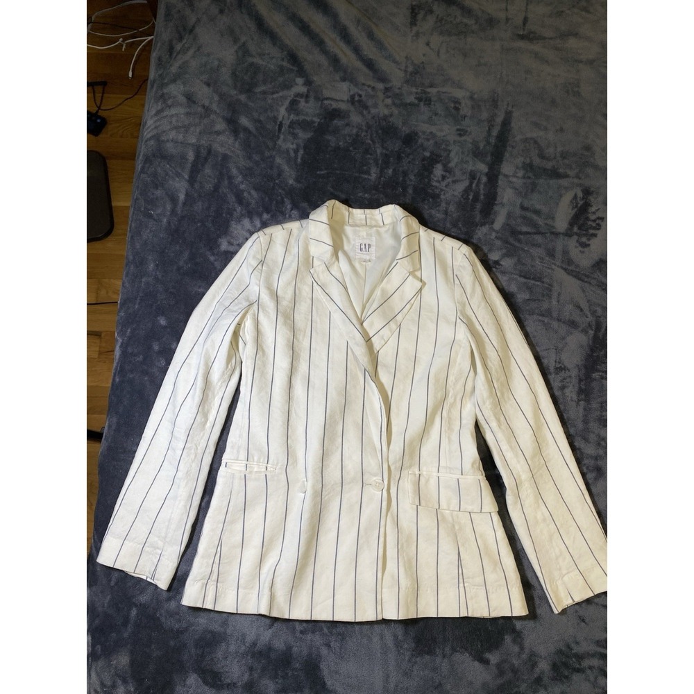 GAP Linen Blend Pinstripe Blazer Womens Size 4 White Blue Girlfriend Jacket